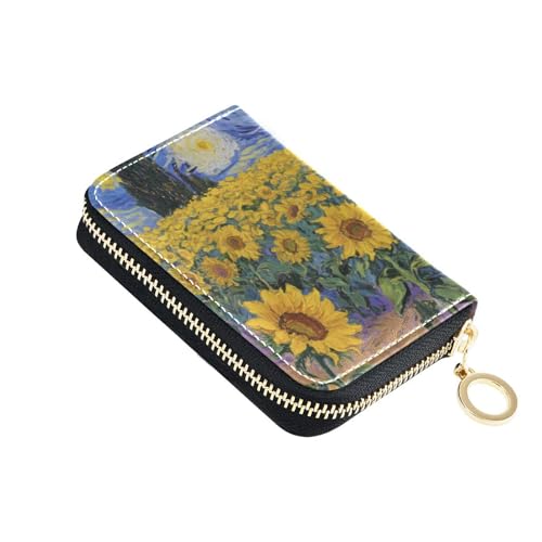 Yoogain Kartenetui für Damen, Motiv: Sternenhimmel, Sonnenblumen, Ölgemälde, Leder, mit RFID-blockierendem Kreditkarten-Organizer mit Reißverschluss von Yoogain