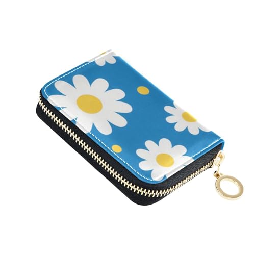 Yoogain Kartenetui für Herren mit Gänseblümchen-Motiv, Leder, mit RFID-blockierendem Kreditkartenetui mit Reißverschluss, Blau und Weiß von Yoogain