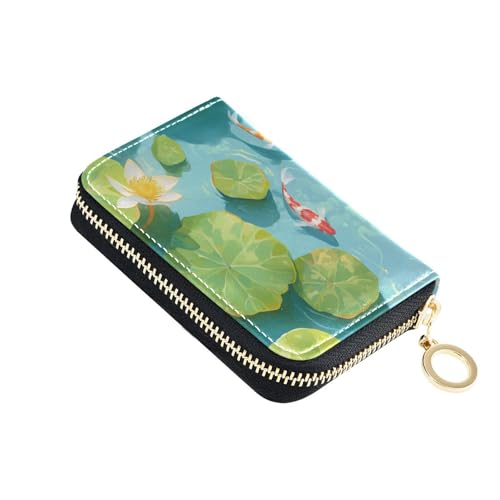 Yoogain Kartenetui mit 3D-Teichlandschaft, Fisch und Blumen, Leder, mit 2 Geldfächern, RFID-blockierendes Kartenetui mit Reißverschluss von Yoogain