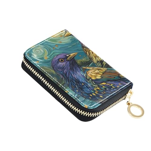 Yoogain Kartenetui mit Cartoon-Vögeln, buntes Ölgemälde, Leder, für Damen, mit 9 Kartenfächern, RFID-blockierend, Kartenhalter mit Reißverschluss von Yoogain