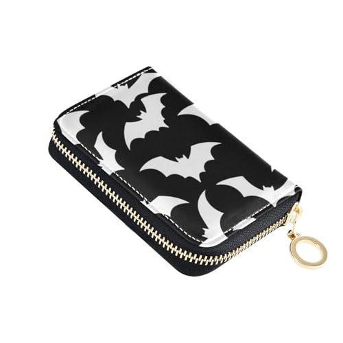 Yoogain Kartenetui mit Halloween-Fledermaus, Leder, mit 2 Geldfächern, RFID-blockierend, mit Reißverschluss, Schwarz und Weiß von Yoogain