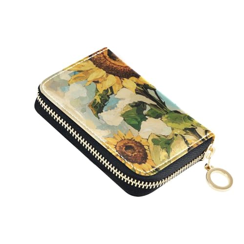 Yoogain Kleines Kartenetui aus gelbem Leder mit Sonnenblumen-Ölgemälde, mit RFID-blockierendem Kartenfach und Ausweishüllen mit Reißverschluss von Yoogain