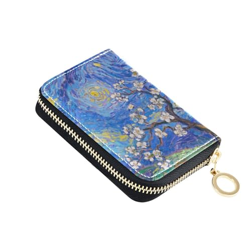 Yoogain Kleines Kartenetui mit Sternenhimmel und Birnenblüten aus Leder, mit 2 Geldfächern, RFID-blockierend, mit Reißverschluss von Yoogain
