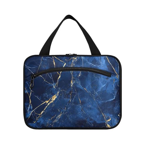 Yoogain Kosmetiktasche mit Marmor-Optik, zum Aufhängen, mit Haken, faltbar, Make-up-Kosmetiktasche für Reisen, für Frauen, Arbeit, Größe L, Blau / Gold, Blau-goldene Marmorstruktur, Large von Yoogain