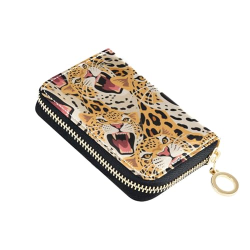 Yoogain Kreditkartenetui aus Leder mit buntem Cartoon-Tier-Leopardenmuster, mit 2 Geldfächern, RFID-blockierend, mit Reißverschluss von Yoogain