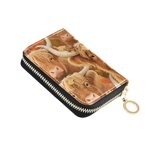 Yoogain Kreditkartenetui für Herren, Motiv: Herbst-Highland-Rinder, Ahornblatt-Leder, mit 2 Geldfächern, RFID-blockierend, Kartenhalter mit Reißverschluss von Yoogain