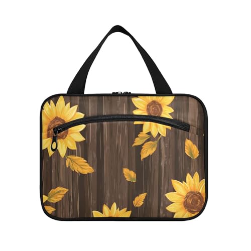 Yoogain Kulturbeutel aus Sonnenblumen-Holz, Herbst-Landschaft, hängende Reisetasche, Kulturbeutel mit Haken, Designer-Kulturbeutel für Frauen, Reisen, Maletín para maquillaje L, Sonnenblumenholz von Yoogain