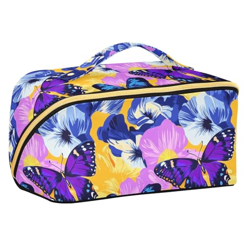 Yoogain Kulturbeutel mit Trennwänden, Motiv: Schmetterlinge und Blumen, lebendige Farben, leichte Kosmetiktasche für Damen, vertikal, freistehend von Yoogain