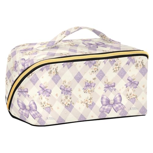 Yoogain Make-up-Tasche mit Trennwänden, wasserdichte Kosmetiktasche für Damen, mit Fächern und Griff, Motiv: violette Schleifen, Blumen, violette Diamanten, Violett von Yoogain