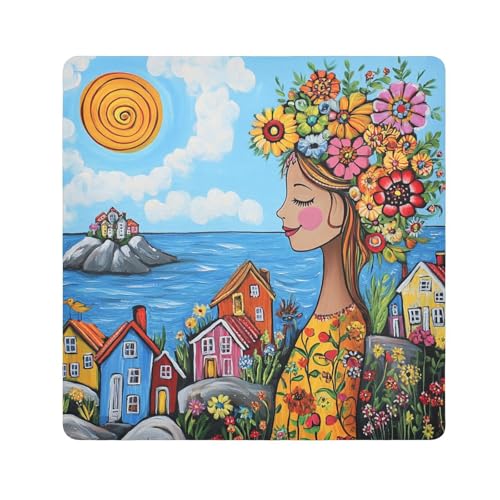 Yoogain Personalisierbarer Make-up-Organizer mit Blumenmotiv, selbstklebend, 55 x 55 cm, Kosmetik-Organizer für Reisen, Glückliche stilvolle Frau mit Blume, 21.7x21.7in von Yoogain