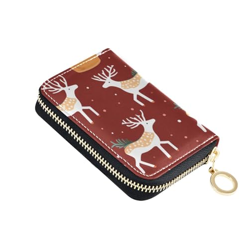 Yoogain Rotes Weihnachts-Elch-Bier-Leder-Kartenetui für Damen, mit 2 Geldfächern, RFID-blockierend, Kartenhalter mit Reißverschluss von Yoogain