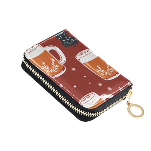 Yoogain Rotes Weihnachts-Elch-Bier-Leder-Kartenetui für Damen mit 9 Kartenfächern, RFID-blockierend, mit Reißverschluss von Yoogain