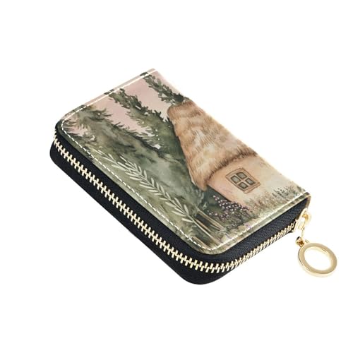 Yoogain Rustikales Aquarell-Dorfleder-Kartenetui für Damen, mit 2 Geldfächern, RFID-blockierendem Kreditkartenschutz mit Reißverschluss von Yoogain