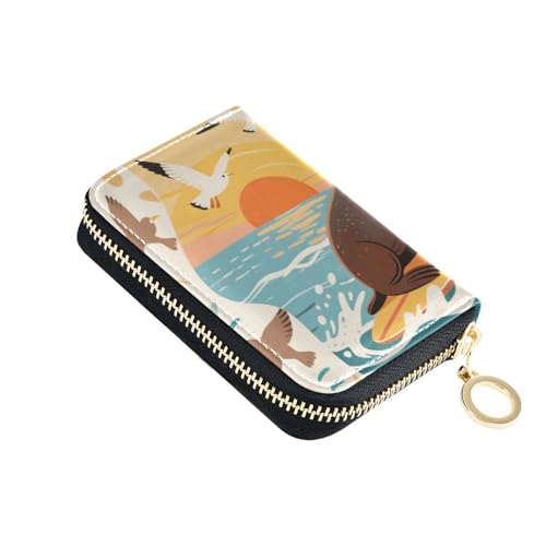 Yoogain Sea Dog Sea Gull Ocean Leder-Kartenetui für Damen, mit 2 Geldfächern, RFID-blockierend, Kartenhalter mit Reißverschluss von Yoogain