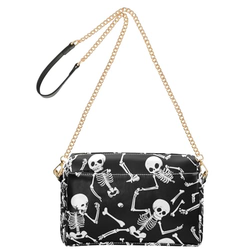 Yoogain Skelett Halloween Schwarz Schädel Kleine Crossbody Taschen Vegan Leder Damen Geldbörsen Reißverschluss Schultertasche Handtasche von Yoogain