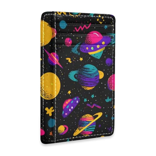 Yoogain Space Planet Stars Cartoon Bunte Leder Slim Wallet Frau mit ID-Fenster RFID-blockierender Kartenhalter für Damen und Herren von Yoogain