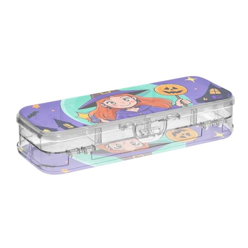 Yoogain Stiftebox mit Aufschrift "Happy Halloween", niedliche Hexe, transparent, doppelstöckig, harte Stiftebox für Schreibwaren mit Deckel von Yoogain