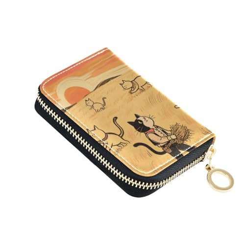 Yoogain Sunset Prairie Cat Cowboy, rotes Leder-Kartenetui für Damen, mit RFID-blockierendem Kreditkartenschutz mit Reißverschluss von Yoogain