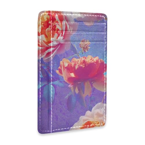 Yoogain Vapor Wave Style Flowers Purple Red Leder Slim Wallet für Herren mit Geldklammer RFID-blockierend, Kartenetui für Damen und Herren von Yoogain