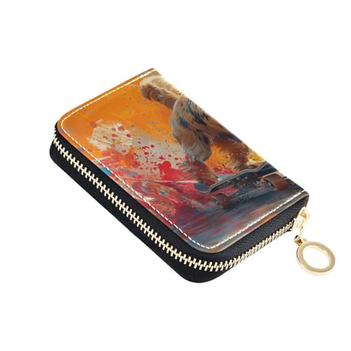 Yoogain Verspieltes Dackel-Hunde-Skateboard, Retro-Street-Stil, Leder, kleine Kartenbörse für Damen, mit 9 Kartenfächern, RFID-blockierend, Kreditkartenetui für Herren mit Reißverschluss von Yoogain