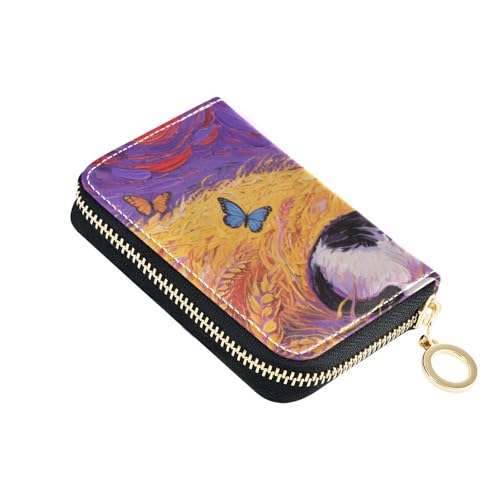 Yoogain Weizenfeld-Kreditkarten-Geldbörse mit Katzen- und Schmetterlingsmotiv, Leder, RFID-blockierend, mit Reißverschluss von Yoogain