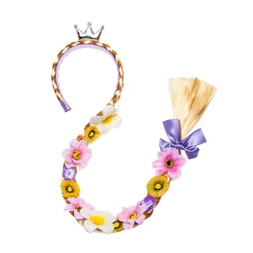 Rapunzel lange geflochtene Perücke, Stirnbänder mit Tiara-Blumen für Mädchen, Verkleidungszubehör Rapunzel lange geflochtene Perücke, Stirnbänder mit Tiara-Blumen für Mädchen, Verkleidungszubehör von Yoogeer