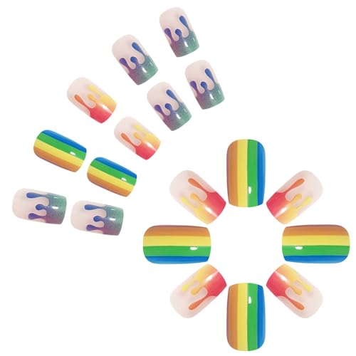 24 Stcs Hochglanz Regenbogenstreifen Presse Auf Nägeln Kurzer Platz Falsches Französische Tipps Für Frauen Und Mädchen Kunstdekoration Party Nagel von Yooghuge