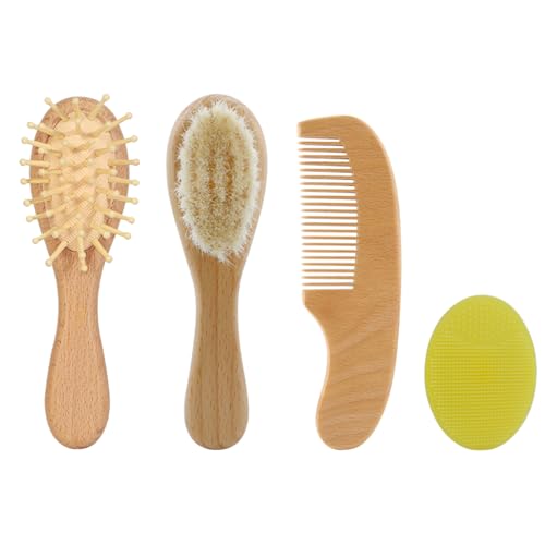 4 in 1 Haarbürste & Kamm Set Natürliche Ziegenborsten Baby Haarbürste Säuglingshaar Fellpflege Bürste Beruhigungsbürste Reisekämme Babyhaarbürste Babyhaarbürste Set für Neugeborene Baby Haarbürste von Yooghuge