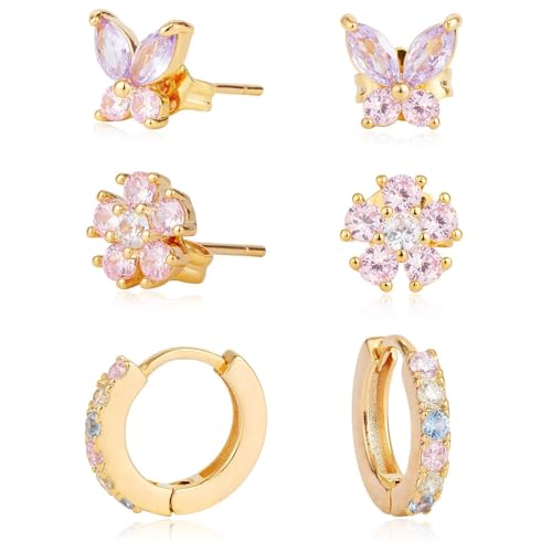 Yooghuge Stilvolle Farbenfrohe Zirkonia Eingelegtes Reifen Ohrringe Set Blumen Schmetterling Knorpel Stollen Accessoires Für Damen Stilvolle Date Night von Yooghuge