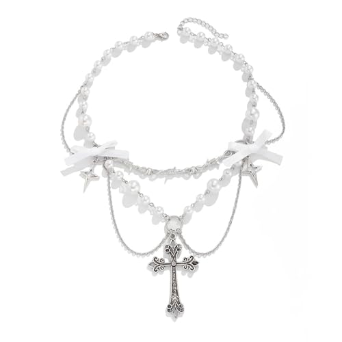 Yooghuge Einzigartige Punk Bowknot Halskette Edgy Metal Crosses Mit Fransen Und Perlen Verzierungen Für Trendige Outfits Mode von Yooghuge
