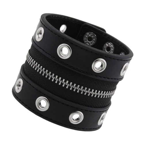 Yooghuge Stylish Punkrock Breites Gurtarmband In Weichem PU Leder Mit Metallic Bolzen Und Reißverschluss Designs PU Leder Nietarmband von Yooghuge