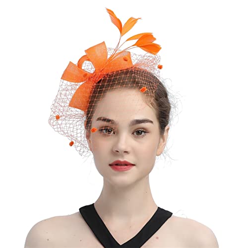 Damen Bankett Hut Damen Fascinator Hair Clip Hut Bankett Hut Stirnband Feder Blume Schleier Bowler Braut Hut für Cocktail Hochzeit Fascinator Mit Stirnbandclip Für Hochzeitsdekorationen von Yookstar