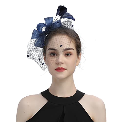 Fascinator Hochzeit Damen Fascinator Hair Clip Hut Bankett Hut Stirnband Feder Blume Schleier Bowler Braut Hut für Cocktail Hochzeit Fascinator Mit Stirnbandclip Für Hochzeitsdekorationen von Yookstar