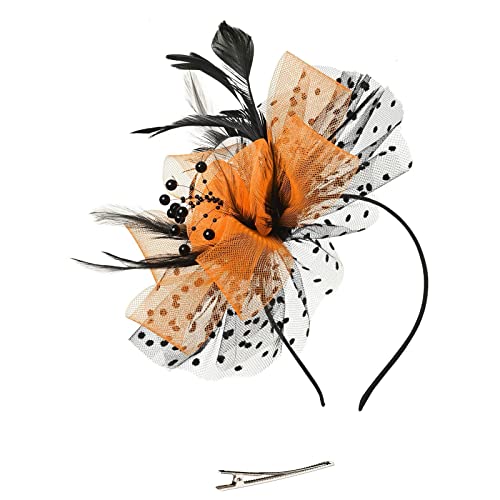 Fascinator Hut Damen Damen Fascinator Hair Clip Hut Bankett Hut Stirnband Feder Blume Schleier Bowler Braut Hut für Cocktail Hochzeit Blumenhochzeitsrennen Party Faszinator Net Hat von Yookstar