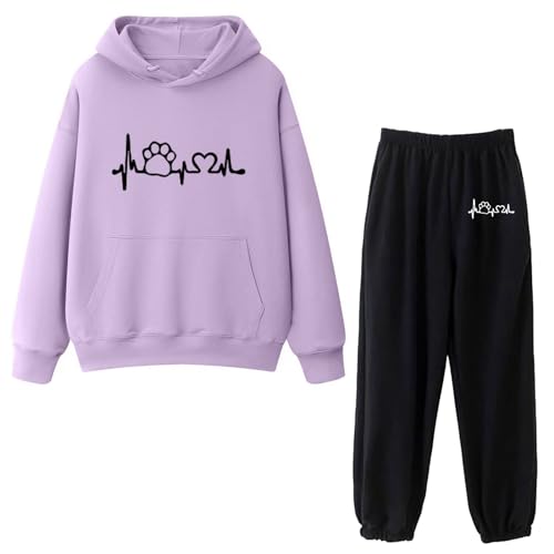 Yookstar Damen Jogginganzug Set 2-Teilig Heartbeat Print Hoodie Jogginghose Sweatshirt Hose Zweiteiler Trainingsanzug Damen Kapuzenpullover Sporthose Set von Yookstar