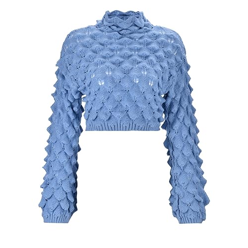 Yookstar Strickpullover Damen Fischschuppen Kurz Pullover Ausgestellte Ärmel Rollkragenpullover Elastisch Langarmshirt Longsleeve Pulli Sweatshirt Winterpullover Rundhalsausschnitt Lässig Oberteile von Yookstar