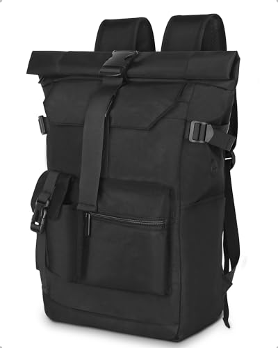 Yooler Rolltop Rucksack Wasserdicht, 27L Groß Rucksack Herren Damen, Schulrucksack mit Laptopfach 17.3 Zoll, Reiserucksack Wanderrucksack für Business Arbeit Uni Reise Freizeit (Schwarz) von Yooler