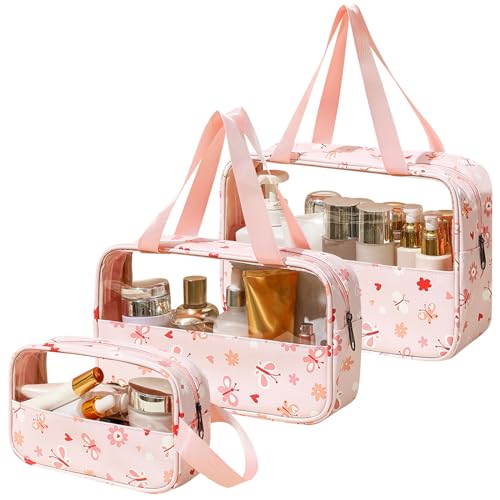 Yoolhamy Klare Kulturtasche, 3pcs wasserdichter Waschbeutel Transparente Kosmetiktaschen mit Griffen PVC große Kapazität Reise Kosmetiktaschen für Frauen (Pink) von Yoolhamy