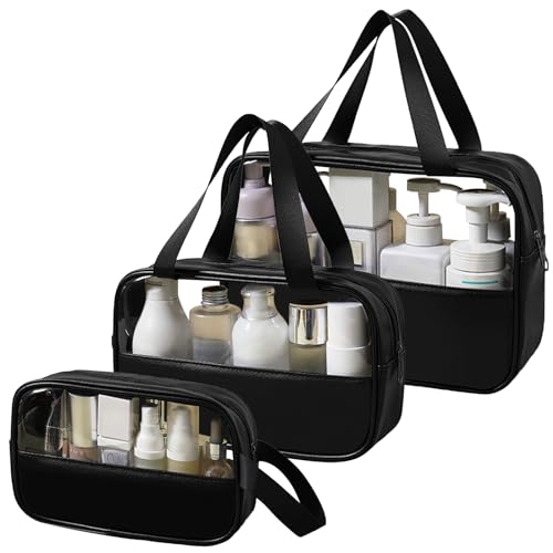 Yoolhamy Klare Kulturtasche, 3pcs wasserdichter Waschbeutel Transparente Kosmetiktaschen mit Griffen PVC große Kapazität Reise Kosmetiktaschen für Frauen (S-Black) von Yoolhamy