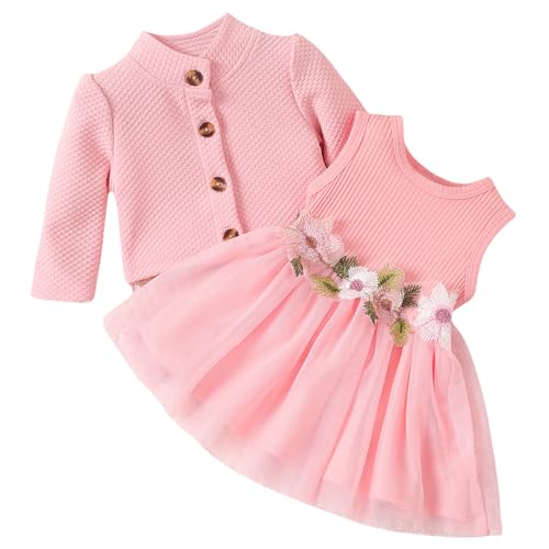 Yoolhamy Kleinkind Baby Mädchen Kleid und Strickjacke Set Langarm Baumwolle Prinzessin Tutu Kleider mit Outfits Mantel von Yoolhamy
