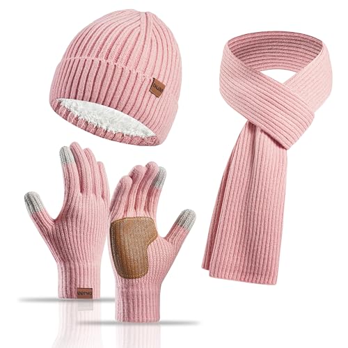 Yoolhamy Mütze Schal Handschuhe Set Damen, 3pcs Wintermütze Damen Beanie mit Mütze Fleece Gefütterte Wärmer Schla Touchscreen Handschuhe Damen Winter Thermo Strickmütze für Outdoor-Skimütze von Yoolhamy