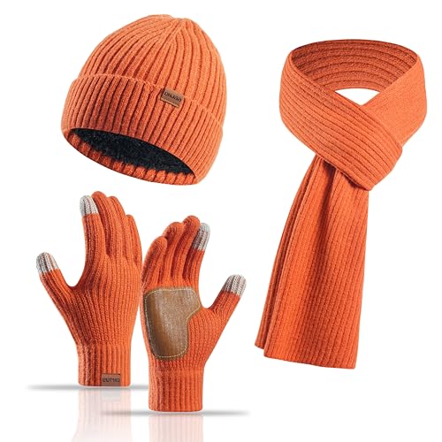 Yoolhamy Mütze Schal Handschuhe Set Damen, 3pcs Wintermütze Damen Beanie mit Mütze Fleece Gefütterte Wärmer Schla Touchscreen Handschuhe Damen Winter Thermo Strickmütze für Outdoor-Skimütze von Yoolhamy