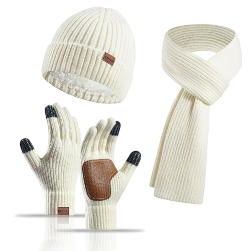 Yoolhamy Mütze Schal Handschuhe Set Damen, 3pcs Wintermütze Damen Beanie mit Mütze Fleece Gefütterte Wärmer Schla Touchscreen Handschuhe Damen Winter Thermo Strickmütze für Outdoor-Skimütze von Yoolhamy