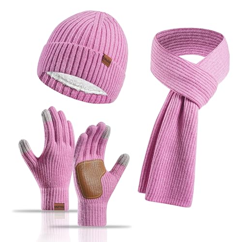 Yoolhamy Mütze Schal Handschuhe Set Damen, 3pcs Wintermütze Mit Fleece Gefütterte Wärmer Schla Touchscreen Handschuhe Winter Thermo Strickmütze für Outdoor-Skimütze von Yoolhamy