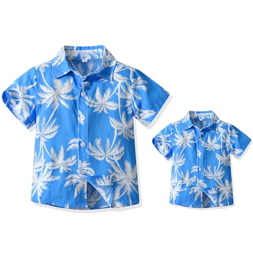 Yoolhamy Vater und Sohn passendes Hawaiihemd Sommer Kurzarm Familie Strand Shirts Blätter Druck Urlaub Tops, Boy Blue, 6-7 Jahre von Yoolhamy