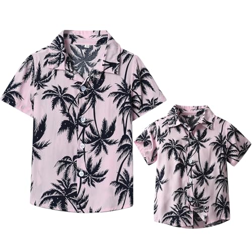 Yoolhamy Vater und Sohn passendes Hawaiihemd Sommer Kurzarm Familie Strand Shirts Blätter Druck Urlaub Tops, Boy Pink, 4-5 Jahre von Yoolhamy