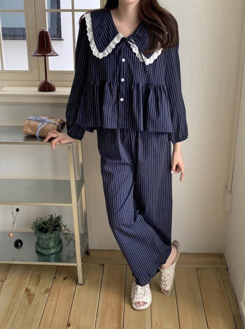 Partnerlook Baumwolle Streifen Pyjama Set - Langarm Loungewear von Yooniscozy