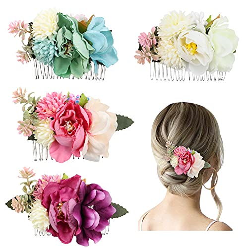 4 Stück künstliche Blumen Metall Haarkämme Seitenkämme Slide Clips mit Zähnen Blumenschleifen Haarnadeln Griffe Haarspangen Klammern Kopfschmuck für Frauen Hochzeit Dekorative Urlaub Dutt Zubehör von Yoosit