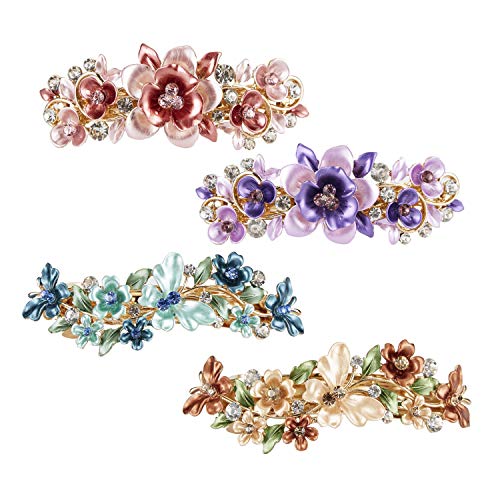 4er Pack ausgefallene zarte Blumen Schmetterlingsblatt Strass Glitzer Funkelnde Metall Haarspangen Snap Haarspangen Griff Haarnadeln Klemme Dickes Haar Pferdeschwanz Brötchen Chignon Halter für Frauen von Yoosit