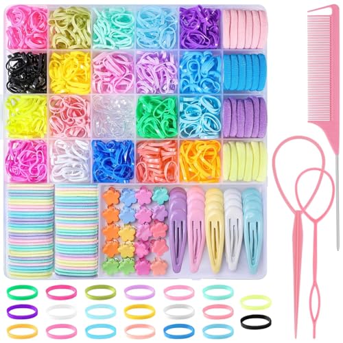 1504 Stück Kleine Haargummis Set, Haargummis Mädchen Set Haargummis Bunte mit 40 Haarspangen & Flechthilfe Haare Gummibänder für Mädchen Geburtstagsgeschenk (20 Farben) von Yoosso